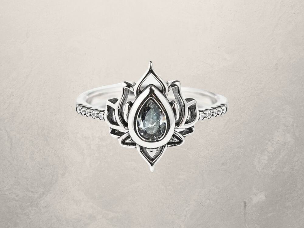 Lotus Flower Silver Stone Ring, Boho Jewelry